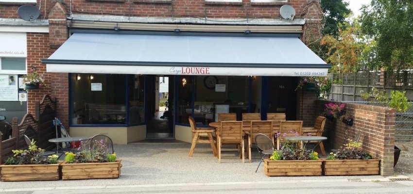 Cargo Lounge Cafe in Broadstone with their new branded awning 