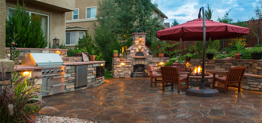 An outdoor restaurant seating area with commercial patio umbrellas
