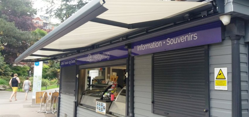 A food kiosk with an extended commercial awning